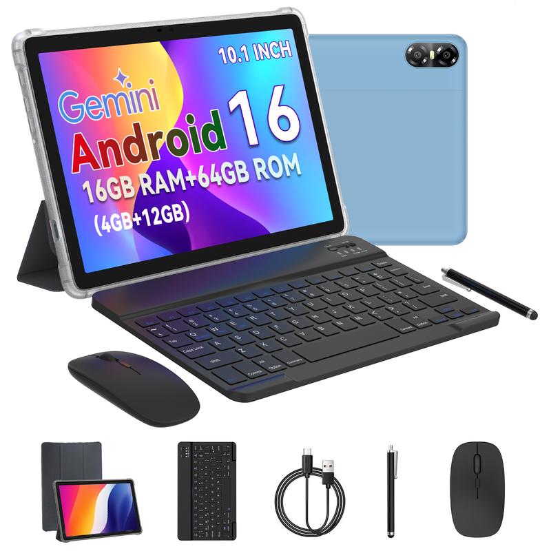 PRITOM Tablet mit Android 16, 10,1″ – leistungsstarker RAM von 16 GB, 64 GB Speicher, inklusive Hülle und Tastatur, Akku mit langer Laufzeit von 6.000 mAh, Dualkamera für Arbeit und Studium