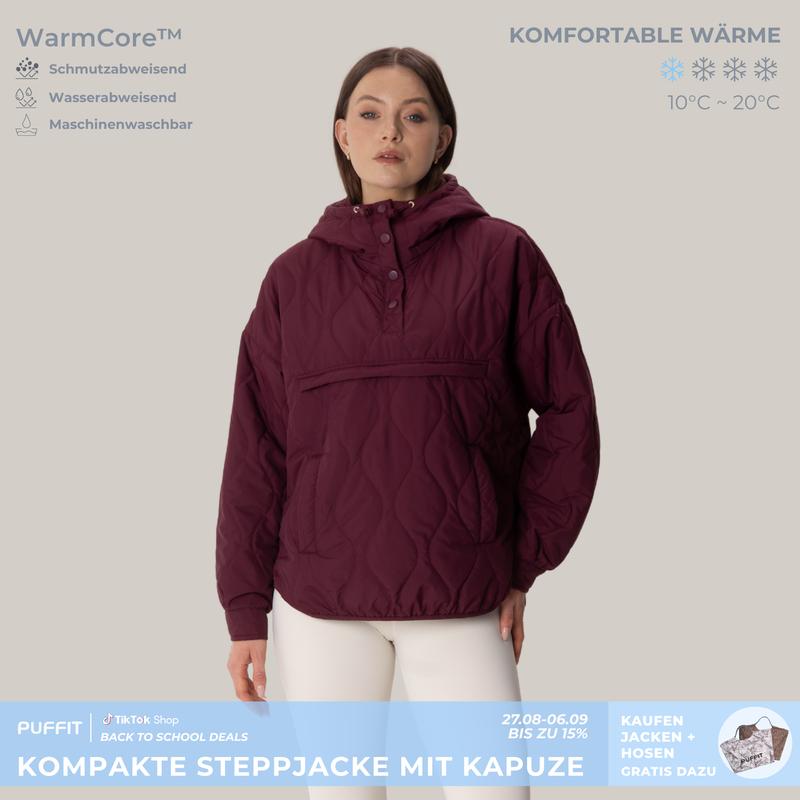 PUFFIT Damen Stepp-Hoodie,maschinenwaschbar,wasser- und schmutzabweisend,bequem und minimalistisch,mit langen Ärmeln,praktischer Tasche,verstellbarem elastischem Kordelzug,Herbst,Winter,Windbreaker,Shopping,2026