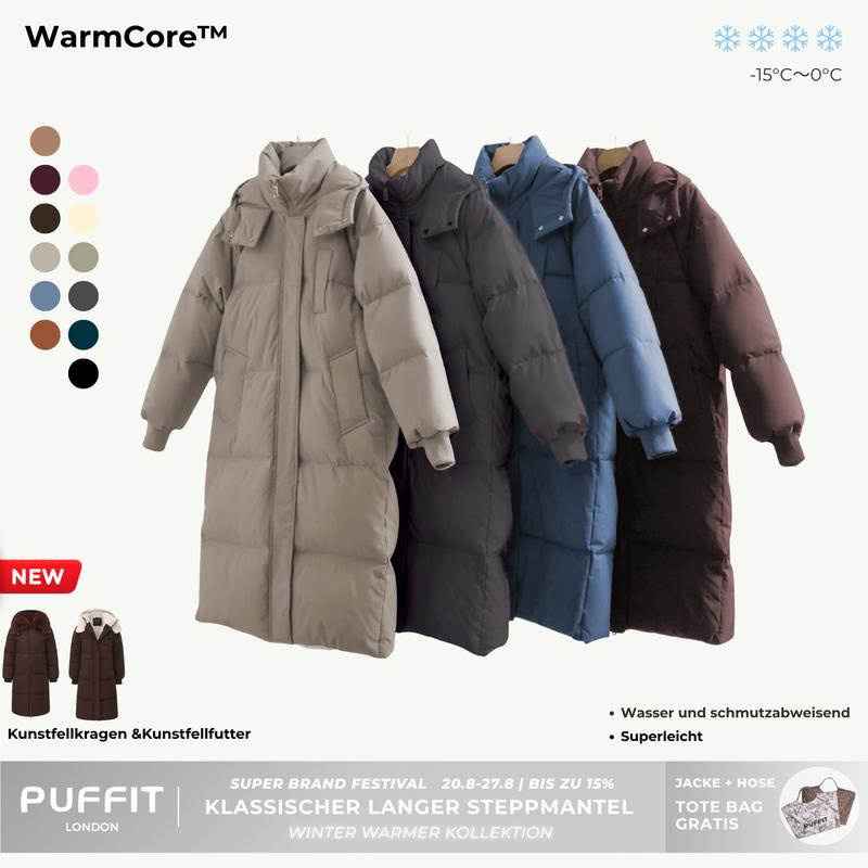 PUFFIT - Klassischer langer Kapuzenmantel für Damen, gesteppte Oberbekleidung, große Tasche, wasserabweisend, warm, Basic, lange Ärmel, Winter