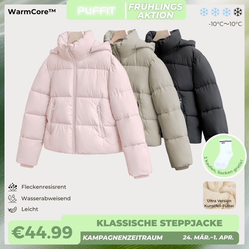 PUFFIT - minimalistische Pufferjacke mit abnehmbarer Kapuze für Damen, Fleece ,Kunstfell, lässige Oberbekleidung, lange Ärmel, Reißverschlusstaschen, warmer Steppmantel, Winter