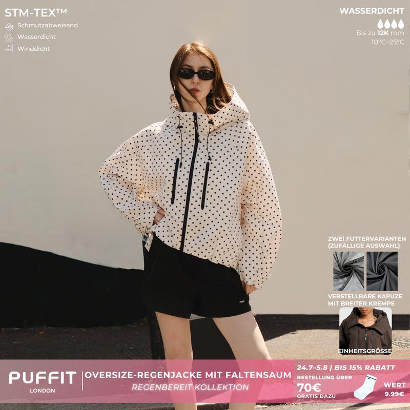 PUFFIT STM-TEX Kurz Regenjacke Einheitsgröße mit plissiertem Saum,locker geschnitten,Frühjahrsjacke,Kapuze,wasserdicht,weite Kapuzenhaube,vielseitig kombinierbar,verstellbare Manschetten,modisch,Outdoor,Frühlingsjacke,Windjacke
