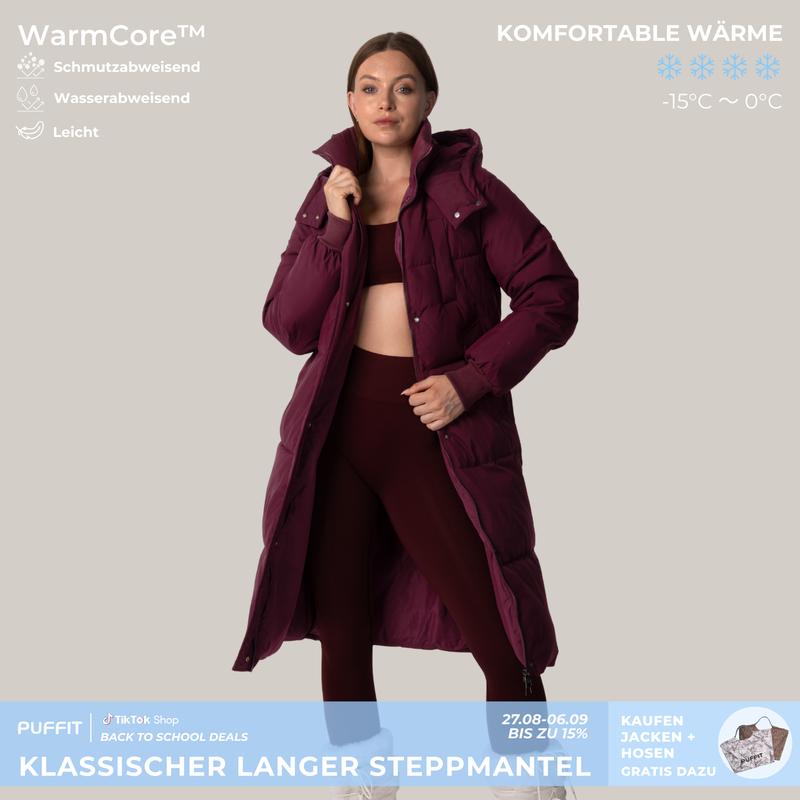 PUFFIT Warmcore Klassischer langer Kapuzenmantel für Damen, gesteppte Oberbekleidung, große Tasche, wasserabweisend, warm, Basic, lange Ärmel, Winter