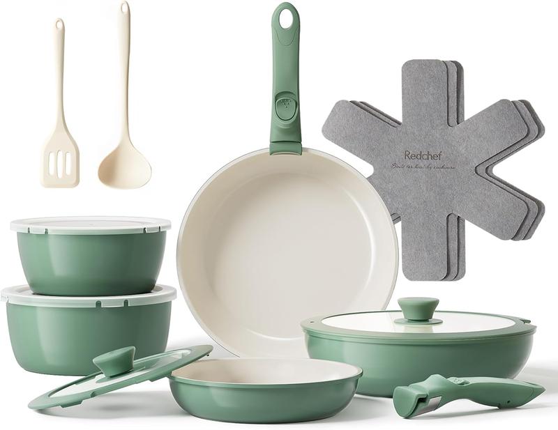 Redchef Pfannenset Topfsets 16 Teilig Antihaft Keramik Kochgeschirr Set mit Abnehmbaren Griff, Pfanne 20/26cm, Tiefe Bratpfanne 26cm, Topf 18/20cm, Stapelbar Topfset Für alle Herdarten, Ofenfest