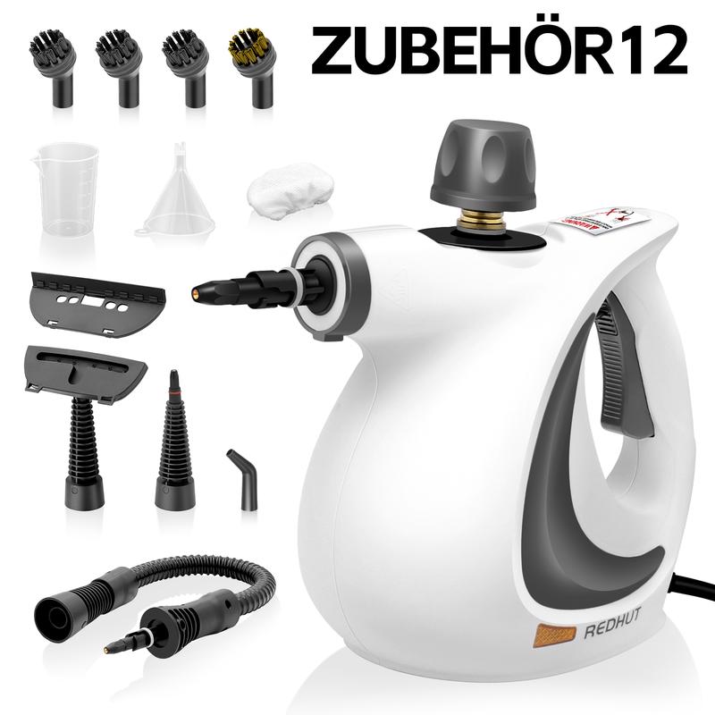 REDHUT Dampfreiniger Tragbar mit 12 Zubehörteilen, 250 ml Wassertank, 2,5 m Kabel, für Küche, Bad, Fenster, Fliesen und tägliche Reinigung