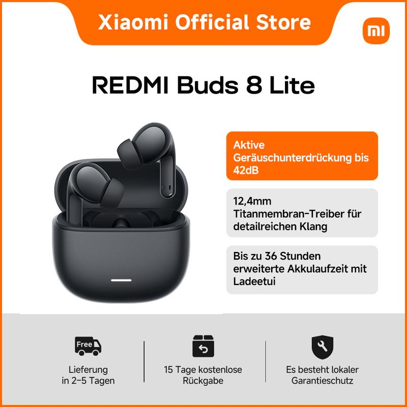 Redmi Buds 8 Lite | Aktive Geräuschunterdrückung bis 42dB, 12,4mm Titanmembran-Treiber für detailreichen Klang, Bis zu 36 Stunden erweiterte Akkulaufzeit mit Ladeetui
