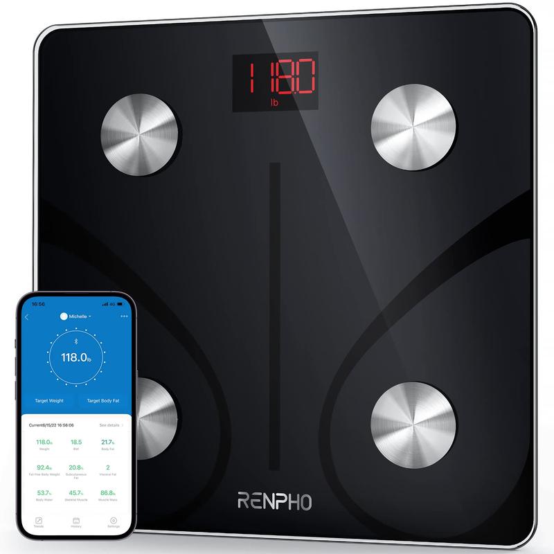 RENPHO Personenwaage Körperfettwaage, Waage Personen mit App 180 kg/400 lbs, Körperwaage Digital Bluetooth Körperanalysewaage für Körperfett, BMI, Muskelmasse, Protein, BMR, Schwarz,Elis 1