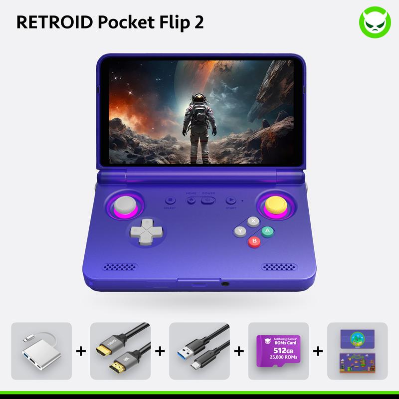 Retroid Pocket Flip 2【Ready to Use】Handheld Console SD865【Buy 1 Get 1 Multi-port Adapter+1 8K Projection Cable+1 Type-C Cable+1 Set of Customized Skin】8GB LPDDR4x 5.5-inch AMOLED 1080P Active-cooling Gift Package