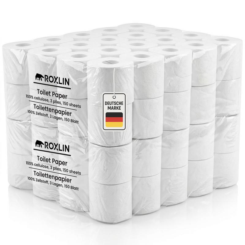 Roxlin Toilettenpapier 3-lagig | 16/24/32/48/64 Rollen | 150 Blatt pro Rolle | 47g/m² | 100% reine Zellulose