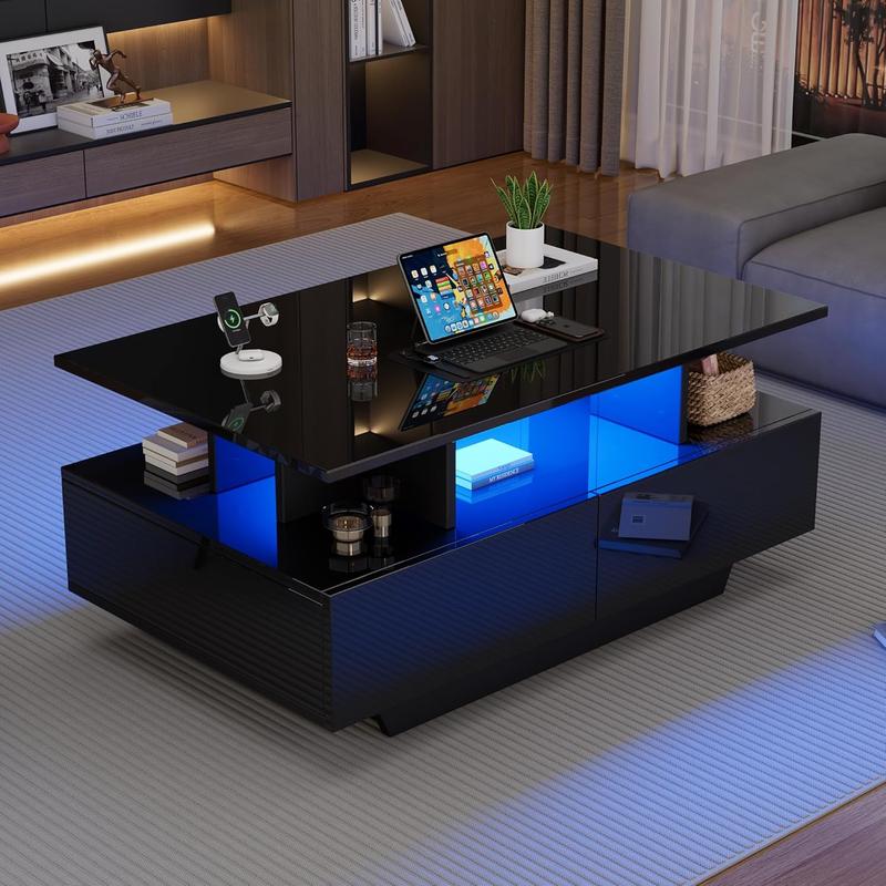 Saveyour Hochglänzender Couchtisch 90 x 55 x 41 cm mit LED‑Beleuchtung und 2 Schubladen, Beistelltisch mit Stauraum, maximale Belastung 30 kg, schwarz