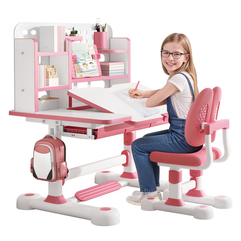 Schreibtisch- und Lernstuhl-Set für Kinder, höhenverstellbar, mit Bücherregal und Aufbewahrungsfach, Tisch neigbar von 0° bis 50°, für Schlafzimmer oder Arbeitszimmer