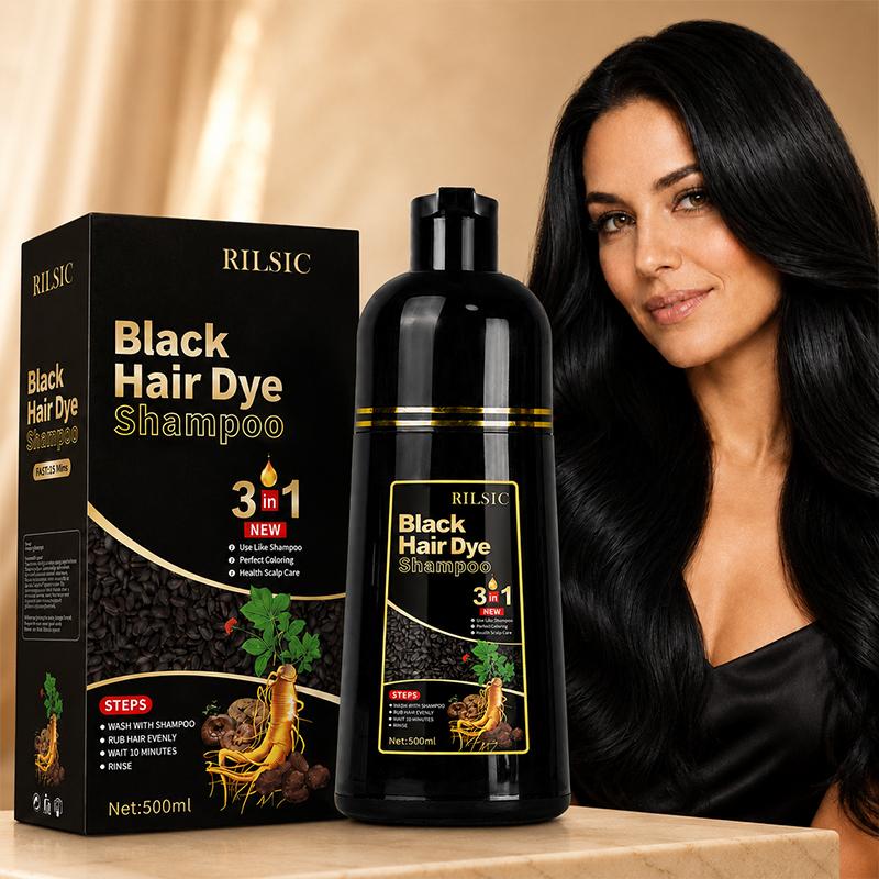 Schwarzes Haarfarbe-Shampoo 500 ml, 3-in-1 Haarfarbe-Shampoo für graue Haare, ohne Ammoniak, einfache Anwendung zu Hause, langanhaltende Abdeckung grauer Haare für Männer und Frauen