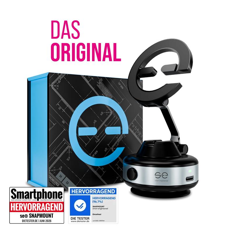 se® SNAPMOUNT – Das Original, 360° drehbar, MagSafe-kompatibel, elektrische Vakuum-Technologie, hochwertiges Aluminium, kompakt faltbar, für Navigation und Entertainment