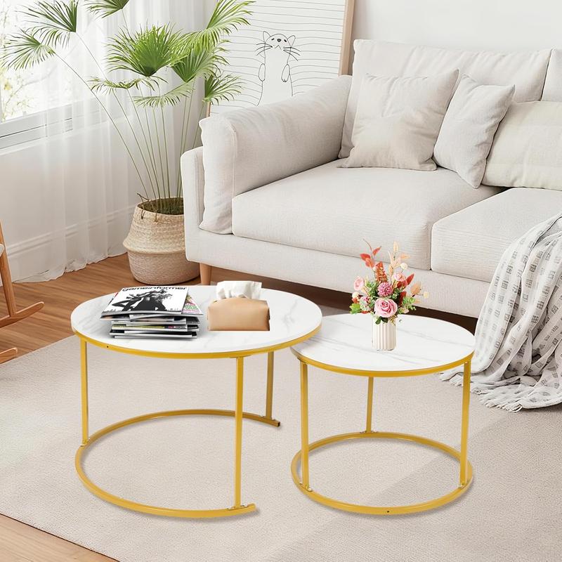 Set mit 2 runden Beistelltischen, niedrige Tische, 60/40 cm, runder Beistelltisch, modernes Design, Marmor-Tisch für das Wohnzimmer, mit Stahlbeinen 60 * 60 * 45 & 40 * 40 * 38 cm