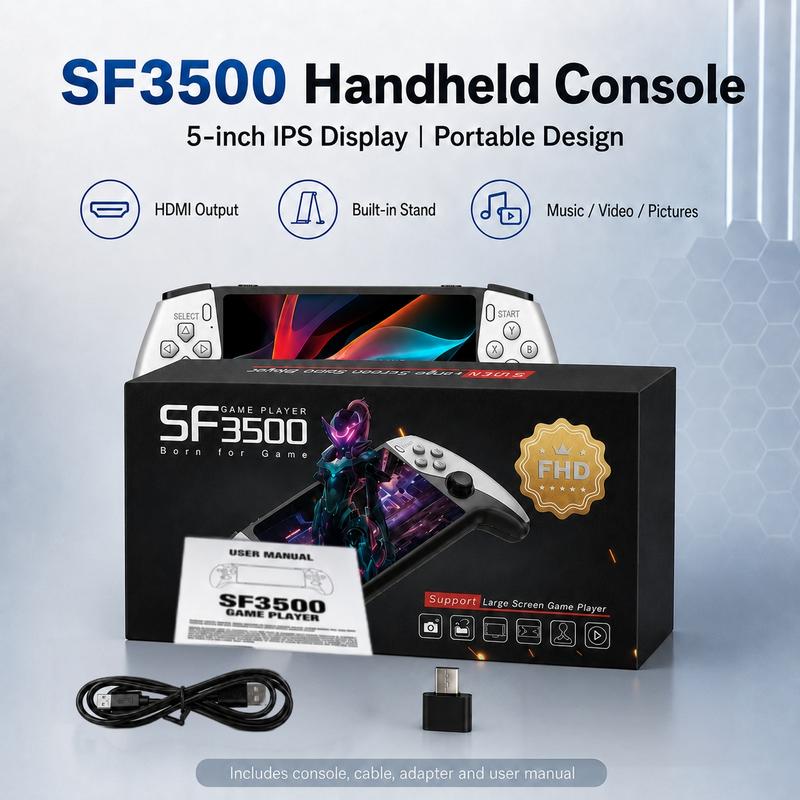 SF3500 tragbares Handgerät, 5‑Zoll IPS‑HD‑Display, ergonomisches Controller‑Design, HDMI‑Ausgang, Mediaplayer‑Funktion. Schneller Versand, ideales Geschenk für Geburtstage, Halloween, Black Friday & Weihnachten.