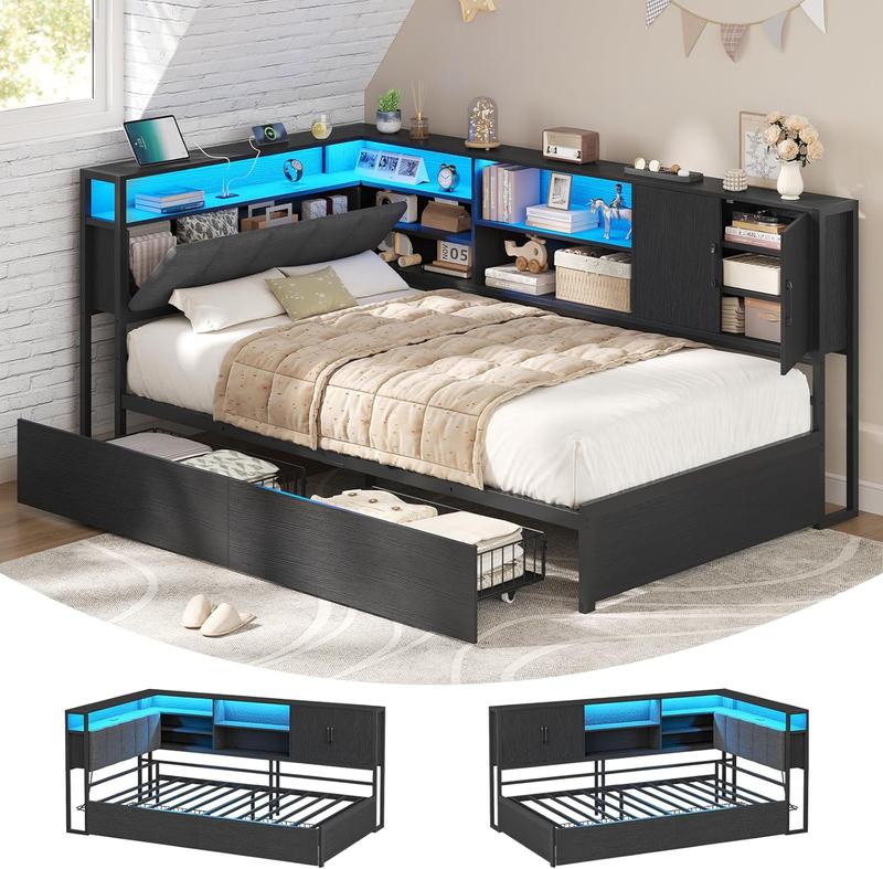 Sikaic bezogenes Sofa Bettrahmen mit LED Beleuchtung, Ladestation, Tagesbettrahmen, Jugendbettrahmen mit zwei Schubladen und Metallgeflechtrahmen, Kopfteil mit Stauraum, offene Regale, Schrank