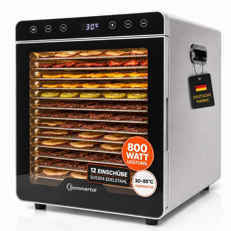 Sommertal Dörrautomat Silence 12 Einschübe Edelstahl 30-85°C 24h Timer LED Beleuchtung 50 dB Leise Fleischtrockner Food Dehydrator