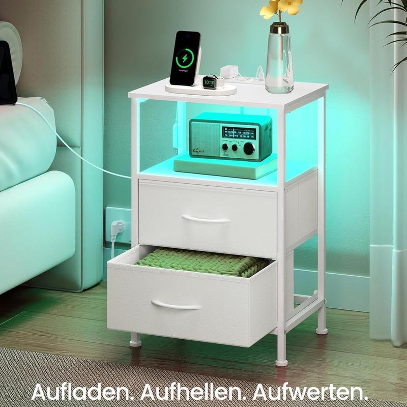 SONGMICSHOME Nachttisch mit Ladestation, Beistelltisch mit App-gesteuerter, Einstellbarer LED-Beleuchtung, 1 offenes Fach, 2 Schubladen