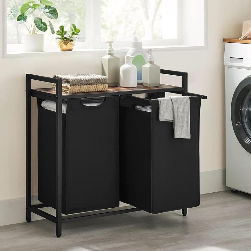 SONGMICSHOME Wäschekorb 2 Fächer, Wäschesammler mit Ablage, Wäschebox, Wäschesack aus Oxford-Gewebe ausziehbar abnehmbar, Metallrahmen, 2 x 46 L, 73 x 33 x 72 cm