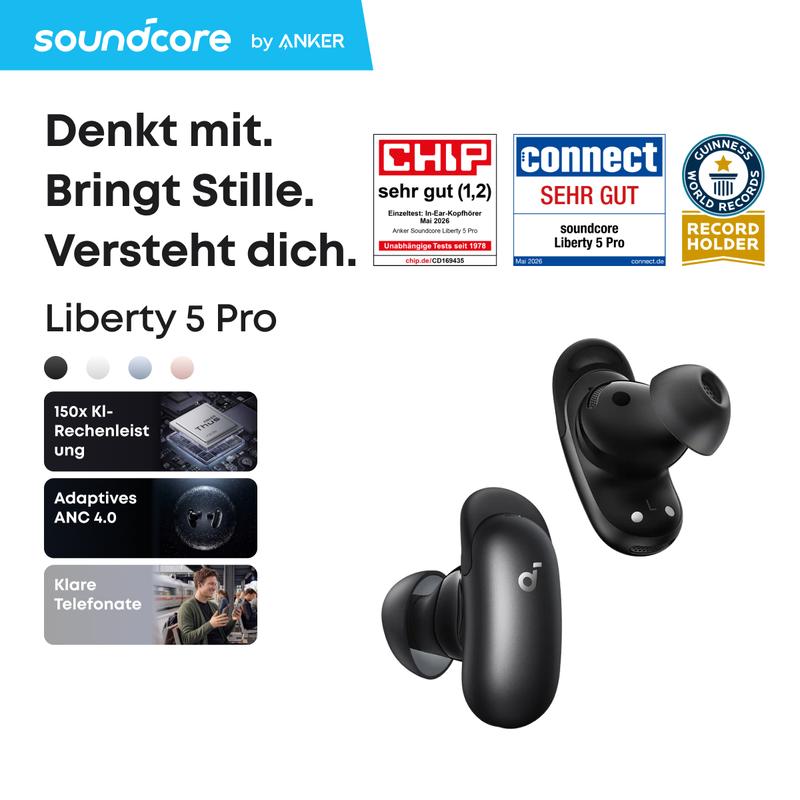 soundcore Anker Liberty 5 Pro, Guinness World Record Anrufqualität 10 Mikros, Noise Cancelling Kopfhörer ANC 4.0, Hi-Res Kopfhörer Kabellos Bluetooth, Dolby Atmos, LDAC, 28h, IP55 für Apple & Samsung