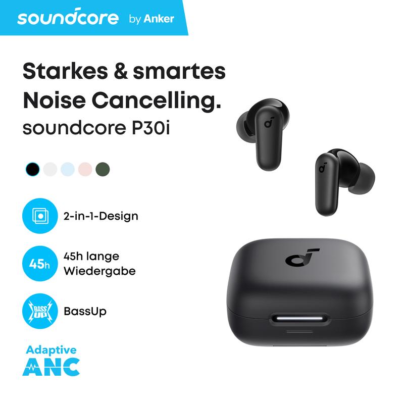 soundcore P30i by Anker Noise Cancelling Earbuds, smarte Geräuschunterdrückung, kraftvolle Bässe, 45h Spielzeit, 2-in-1 Case und Handyständer, IP54, kabellose Kopfhörer, Bluetooth 5.4, App Steuerung