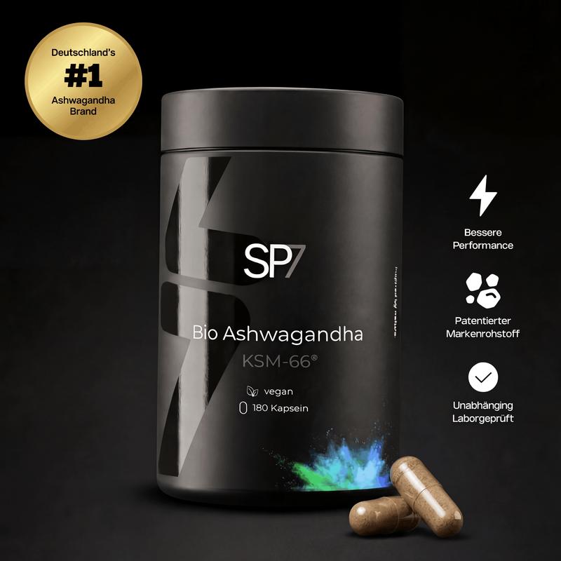 SP7 Bio Ashwagandha KSM-66 Kapseln - 180 Vegane Kapseln für Stressresistenz & Energie - Pflanzliche HPMC Hülle - Ohne Zusatzstoffe