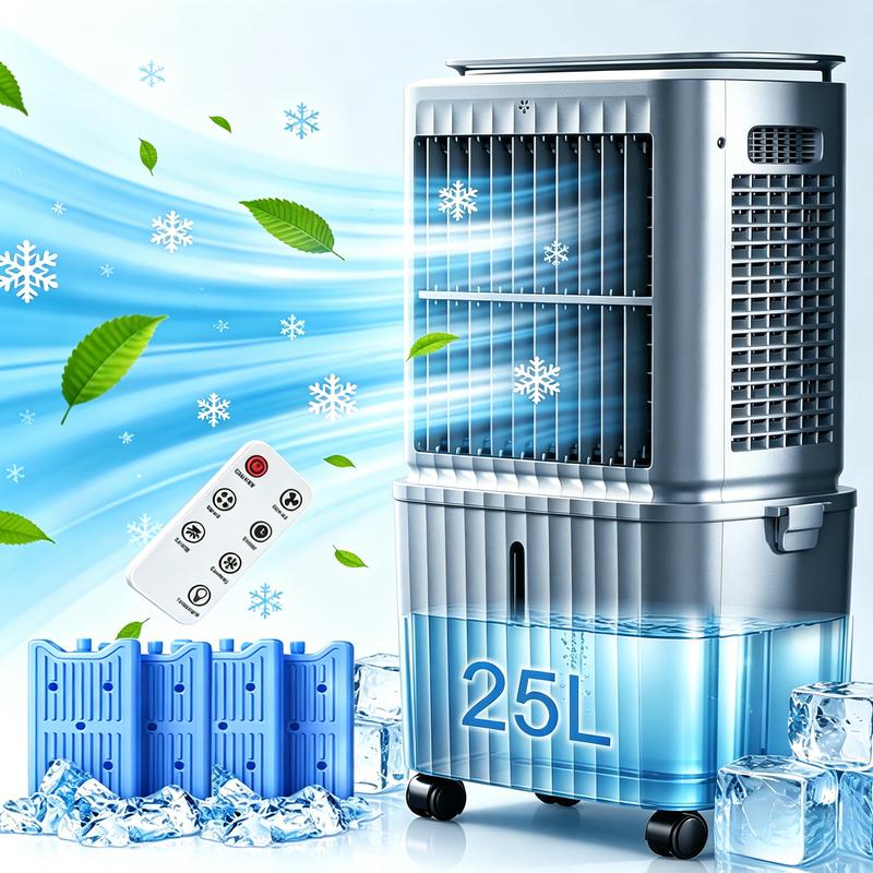 SPZK 25L Tragbarer Verdunstungskühler 4-in-1 Kühlgebläse & Wasserkühler mit Fernbedienung, 12h Timer, 3 Geschwindigkeiten, leiser Turmkühler mit Eis, 360° Rollen, kompressorlose Klimaanlage Alternative für Haus Wohnung Büro
