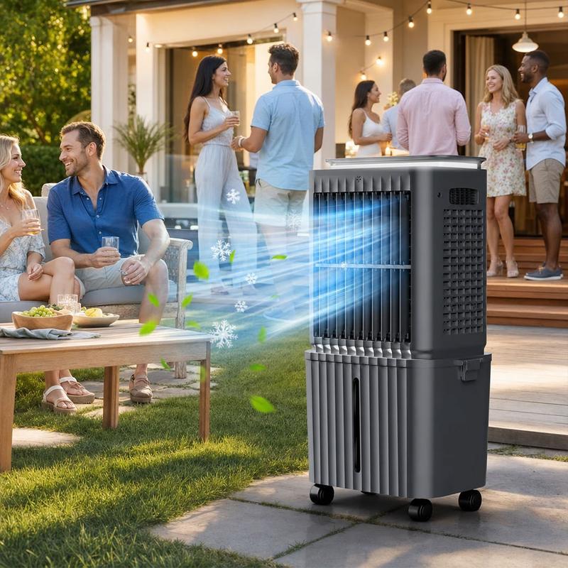 SPZK 25L Verdunstungskühler mit großem Wassertank, 4-in-1-Gerät mit Fernbedienung, 4 Kühlakkus, leistungsstarkem 3-stufigem Ventilator, 4 Rollen – ideal für große Räume, Wohnzimmer und Wintergärten.