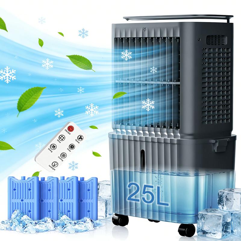 SPZK 3-in-1 Verdunstungskühler Mit Wasserkühlung, 3-Stufiger Kühlventilator Mit 25L Wassertank, Fernbedienung, 4 Kühlakkus und Sowie 4 Lenkrollen Geeignet Für Wohnzimmer, Camping, Büros, Terrassen und Andere Große Räume