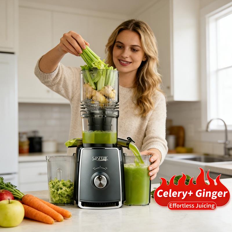 SPZK Kaltpresser-Entsafter mit 5,3 Zoll großem Einfüllschacht, Slow Juicer, 300 W, professioneller Slow-Masticating-Entsafter für ganzes Gemüse und Obst, leicht zu reinigen für Batch-Entsaftung
