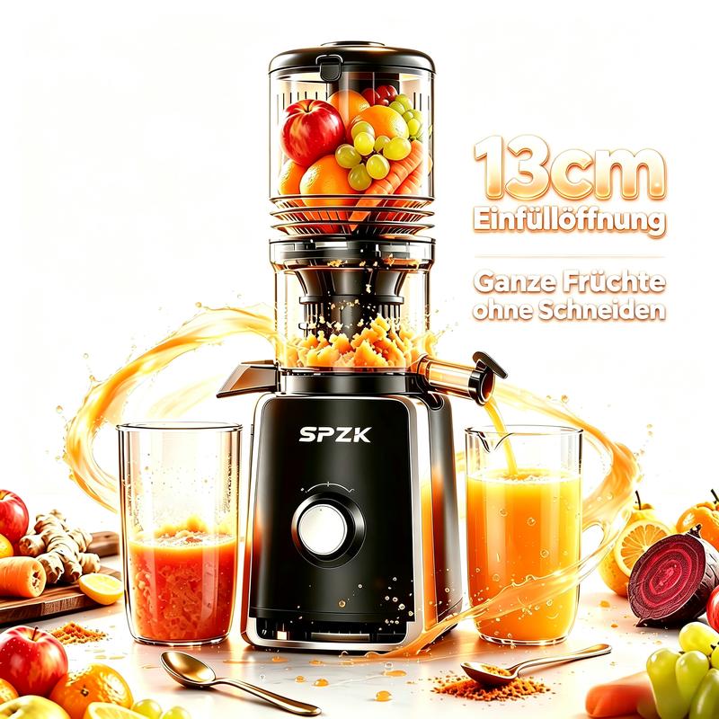 SPZK Slow Juicer Entsafter Saftpresse Kaltpresse Obstpresse Fruchtpresse | 300W Masticating Juicer Saftmaschine mit 13,4cm XL-Einfüllöffnung, geeignet für Sellerie & Ingwer, inkl. 2 Trinkbecher, BPA-frei