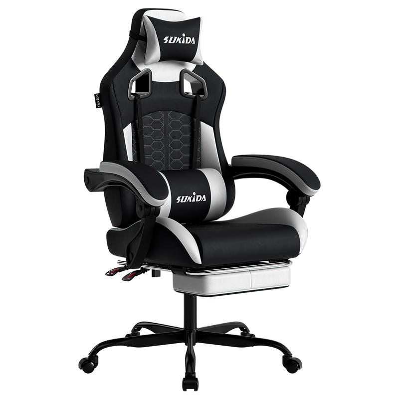 SUKIDA-Ergonomischer Gaming-Stuhl mit Fußstütze, Racing Gaming Chair, verstellbare Kopfstütze, höhenverstellbare Lendenwirbelstütze, geeignet für Home Office und Gaming, schwarz