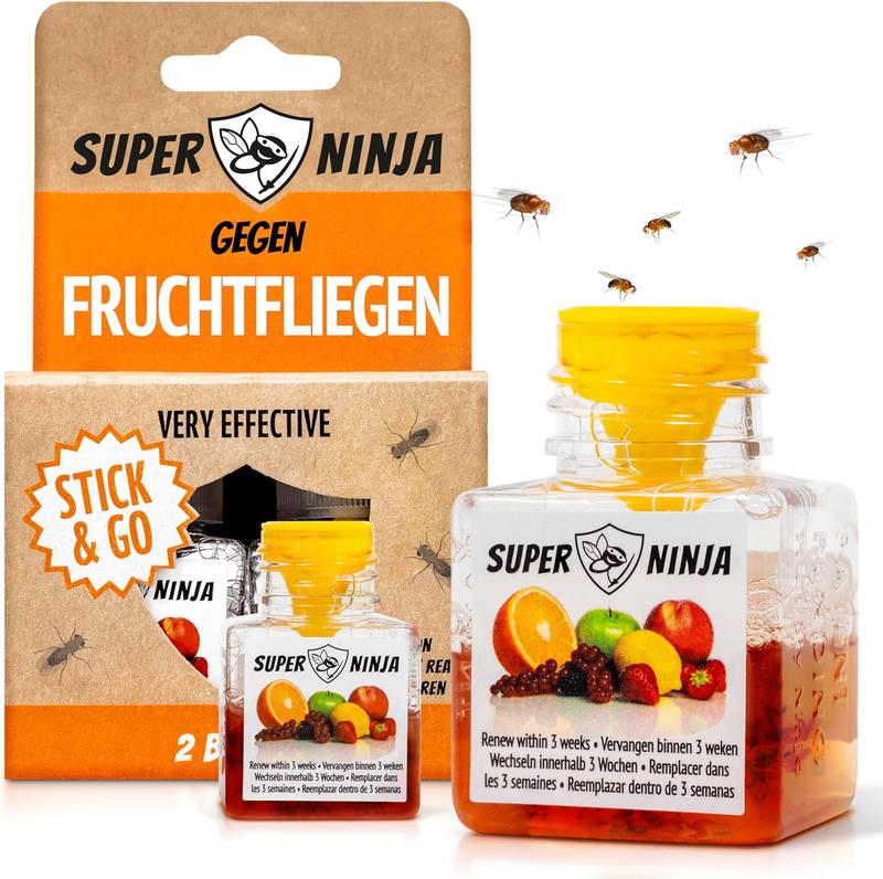 Super Ninja Fruchtfliegenfalle für Innenbereich – 2er-Pack, Wirksame Obstfliegenfalle für Haushalt und Küche, bis zu 3 Wochen Leistung pro Flasche, Kinder-und haustierfreundlich