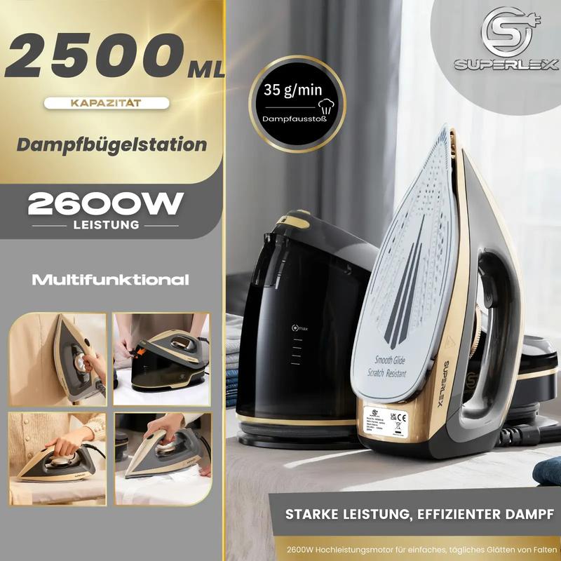 SUPERLEX 2600 W leistungsstarke Dampfstation – 30 s schnelle Aufheizzeit, 150 g/min Dampfausstoß, abnehmbarer 1,3‑l Tank, vertikaler Dampf für Anzüge/Wolle/Seide, Tropfstopp Design, kabellose Dampfglätter und Dampfstaubegerät (2026), Pressisen, schweres E