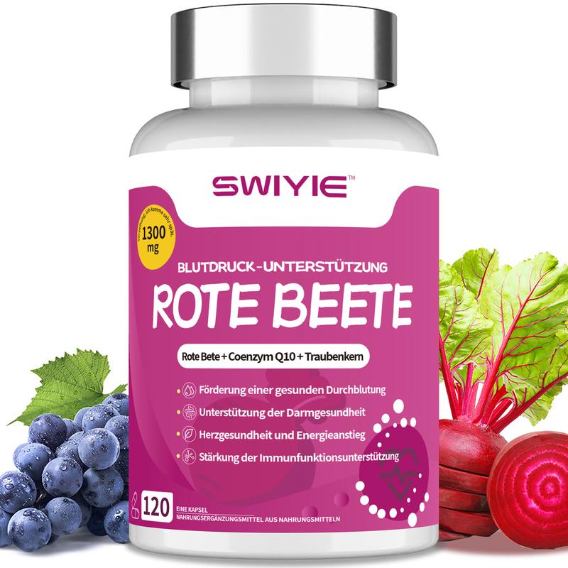 SWIYIE 120 Kapseln: Rote Bete + CoQ10 + Weintraubenkernen, Stickoxid, stabile Blutdruck, Herzsicherheit, gesunde Durchblutung, hämoglobinspezifische Sauerstoffversorgung, Herzenergie und Förderung des Stoffwechsels