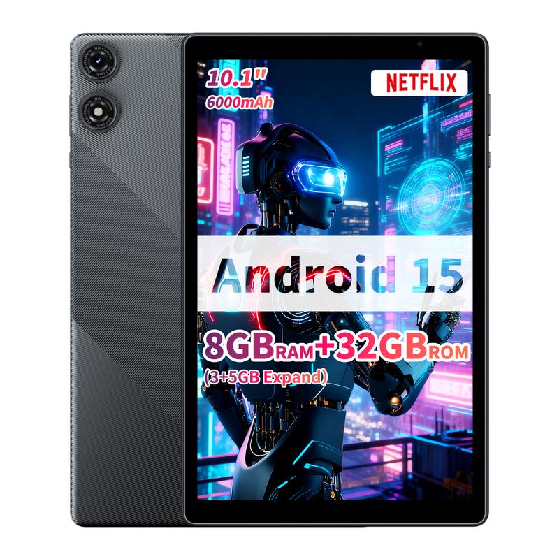 Tablette 10,1 pouces sous Android 15, 8 Go RAM (3 Go + 5 Go d’extension), stockage interne 32 Go, processeur penta‑cœur, batterie 6000 mAh