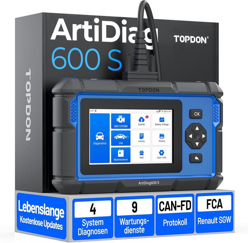 TOPDON ArtiDiag600S OBD2 Diagnosegerät, Diagnosegerät für 4 Systeme Motor/ABS/Airbag/at, 9 Reset Funktionen auf Öl/Bremse/SAS/BMS/ABS/DPF/TPMS/Drosselklappe volle OBD2 Funktionen, lebenslanges Update