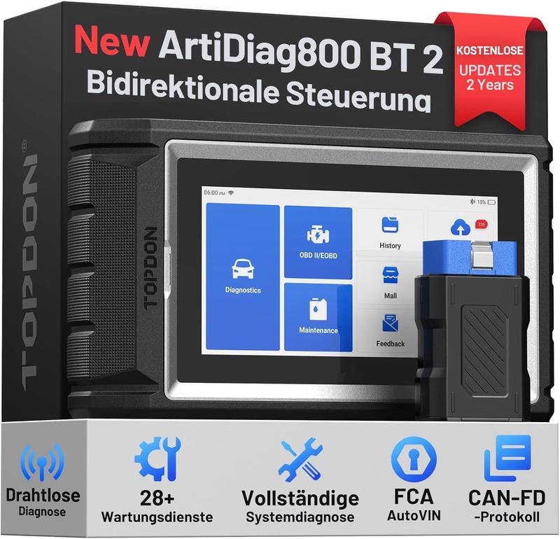 TOPDON ArtiDiag800BT 2 Bidirektionales OBD2 Diagnosegerät Auto, Alle Systeme, 28+ Wartungsfunktionen, Active Test, AutoVIN, Bluetooth, CAN-FD Protokoll, FCA Gateway Zugang, Kostenlose Lebenslange Updates