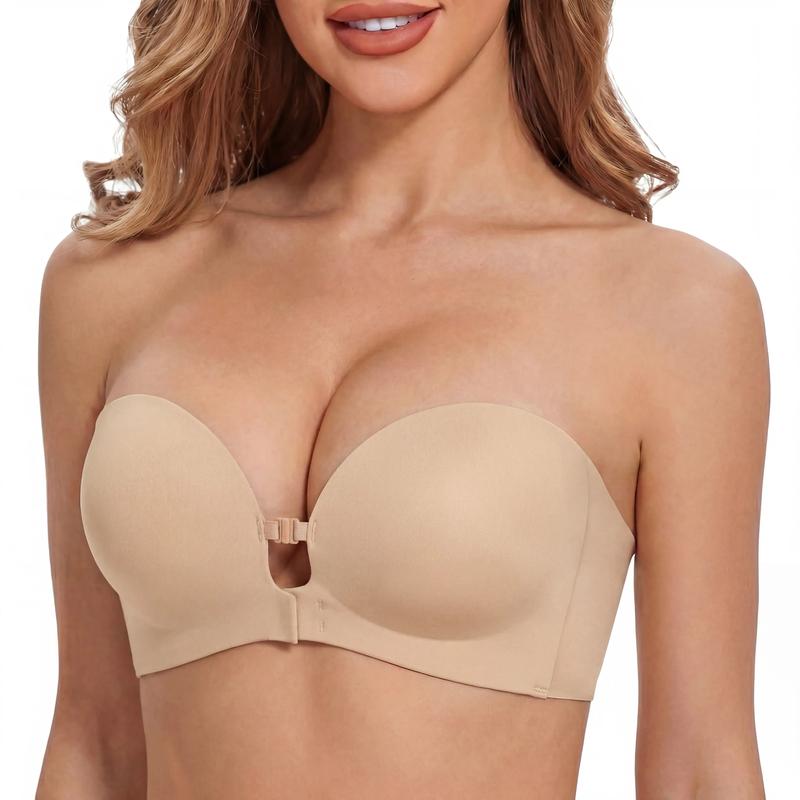 Trägerloser BH Damen, Push Up Klebe BH mit Frontverschluss, Nahtloser Unsichtbarer Bandeau BH, Rutschfest mit Abnehmbaren Trägern, Rückenfrei, Gepolsterte Cups, Unterwäsche für Abendkleid Hochzeit Party Alltag