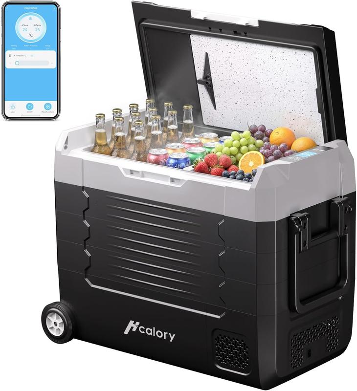 Tragbarer Kompressor Kühlbox mit Bluetooth-App, Elektrisch Autokühlbox Dual-Zone (-20°C bis +20°C) +Schneidebrett, 12V/24V/230V, Rollen & Trennwand – für Camping, Auto, LKW, Wohnmobil 35L-55L