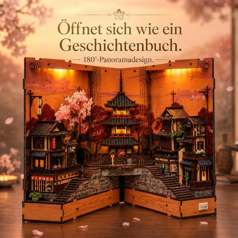 Twilight Sakura Path DIY LED Book Nook Bausatz, Japanische Sakura-Straße Miniaturhaus mit 180°-Öffnungsdesign, Bücherregal-Einsatz mit Warmweißem Licht, Kreatives Geschenk für Erwachsene & Jugendliche