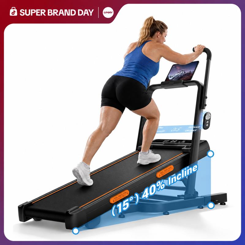 UMAY 3-in-1 Laufband für zu Hause mit 40 % Steigung (15 °), manueller Bergfahrtmodus, Geschwindigkeit von 10 km/h, extralanges 130 cm Handläufer und platzsparendes, faltbares Design