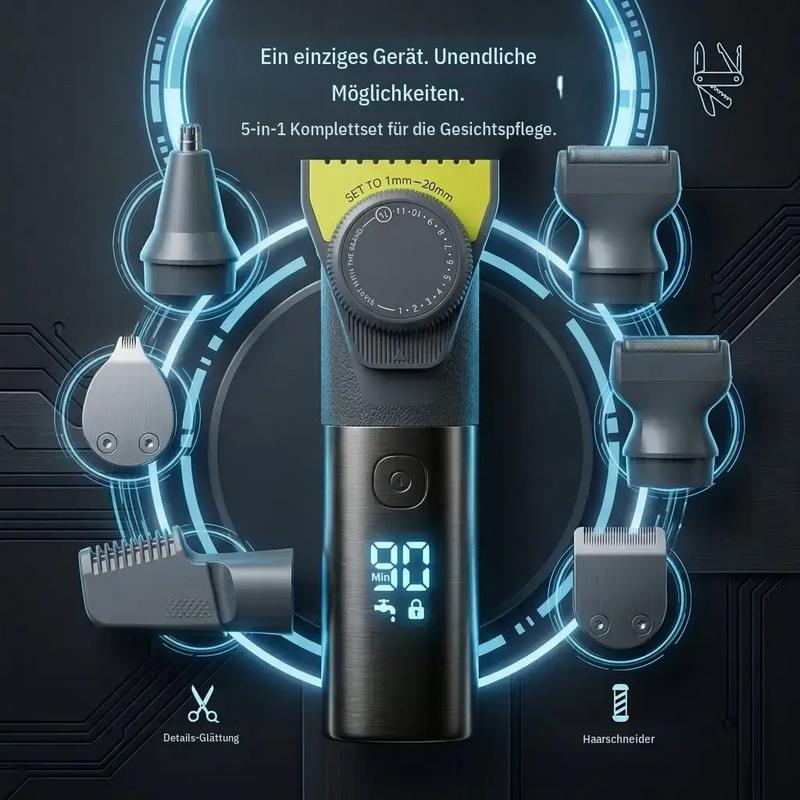 Unisex 6-in-1 multifunktionales Haarschneidergerät, Barttrimmer und elektrischer Rasierer, verstellbarer Kamm 1–20 mm, 7500 U/min, 1200 mAh Akku, USB Typ‑C, IPX7 für Haar, Bart, Körper, Nase und Ohren