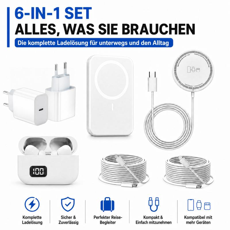 Upgraded 6-in-1 Charging & Audio Kit – 5000mAh Magnetic Power Bank, Wireless Charger, Bluetooth Earbuds, USB-C & Lightning Cables, Adapter, Ring – For iPhone & Android