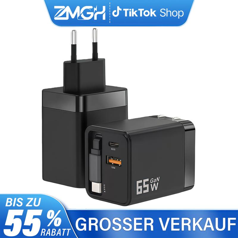Urkunde 2025Neu 65W USB C Ladegerät GaN mit Einziehbarem Kabel 3-Port USB-C Schnellladegerät für MacBook kompatibel mit i-Phone 16 15 14 Pro Max Galaxy S24 S23 iPad Switch Laptop Handy Schwarz 65 watt USB c netzteil