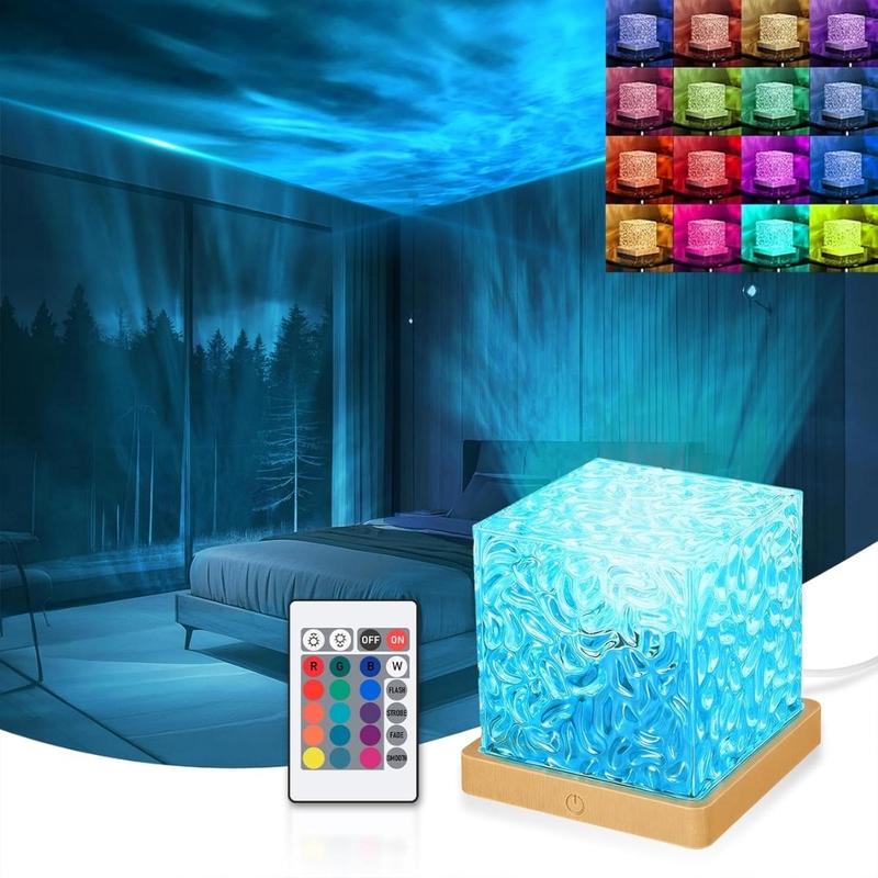 USB Wellenprojektor-Tischlampe, 16 RGB-Farben, mit Fernbedienung und Touch-Bedienung, polierte Metalloberfläche, Kunststoff-Meereswellen- und Aurora-Effekt, ideal für Schlafzimmer und Wohnzimmer