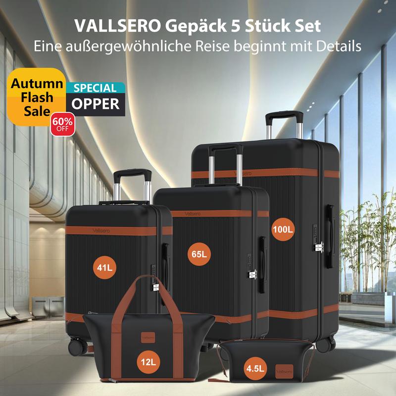 VALLSERO Elegante Serie Premium 5 PCS Reisegepäckset mit Leder-Akzenten Mit TSA Zollschloss & Universal-Rad, verstellbarer Zugstange(28 Zoll+24 Zoll+20Zoll+Reisetasche+ Waschbeutel)