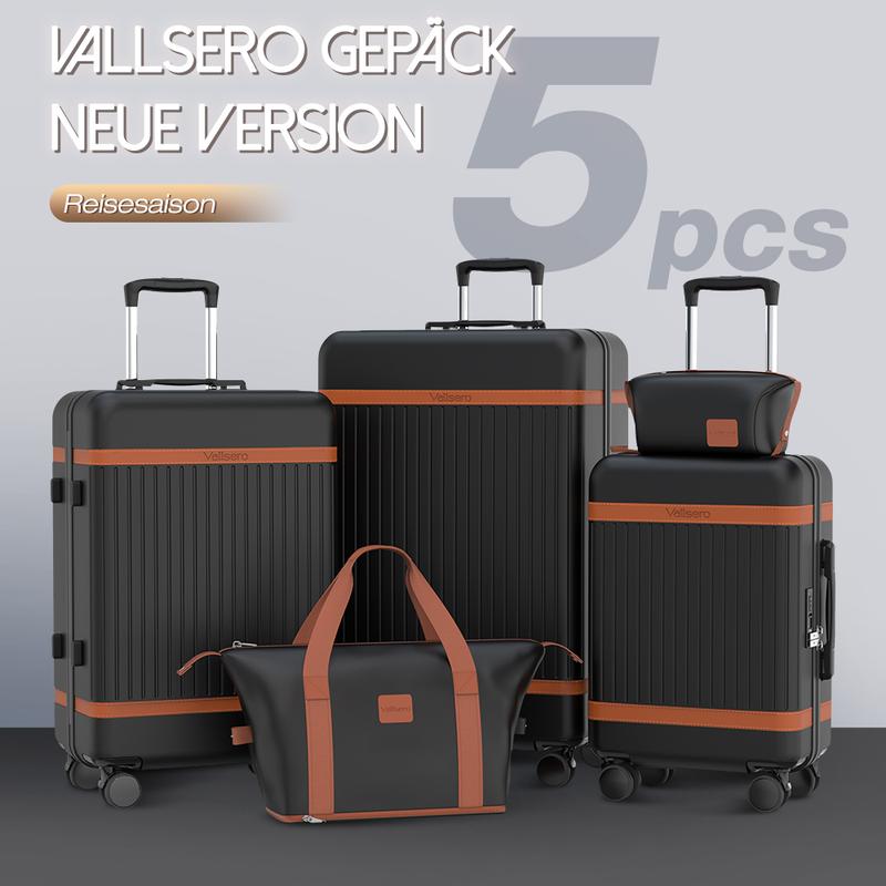 VALLSERO Premium 5-teiliges Reisegepäckset mit Leder-Akzenten (28 Zoll+24 Zoll+20Zoll+Reisetasche+ Waschbeutel) – Eleganz trifft Funktionalität
