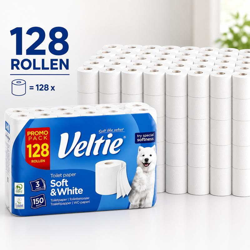VELTIE Toilettenpapier 128 Rollen – 3-lagig, 19.200 Blatt, Weich & Reißfest, Vorratspack