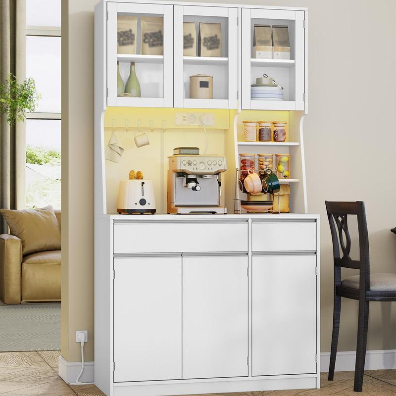 [Versand in 2 Paketen] Hzuaneri küchenschrank, Buffetschrank, Hochschrank mit Steckdosen und Led-Lichtleisten, mit Arbeitsplatten und Zwei Schubladen, Verstellbare Einlegeböden, Küche