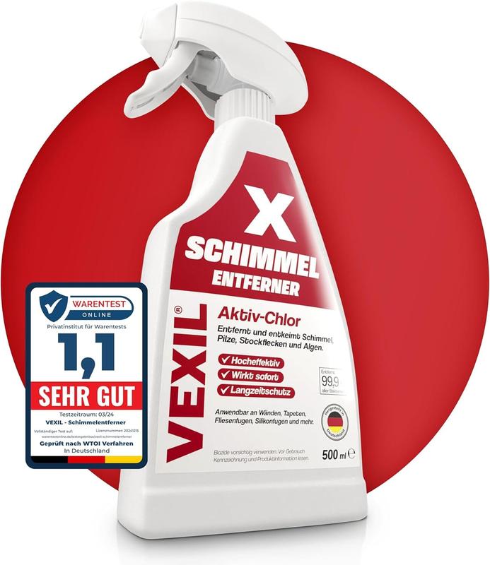 VEXIL Profi Schimmelentferner für Wand, Bad, Fliesen, Fugen & mehr – mit AKTIV-CHLOR und HAFTEFFEKT – Extra starkes Schimmelspray – auch als Fugenreiniger geeignet – 500 ml – Made in Germany